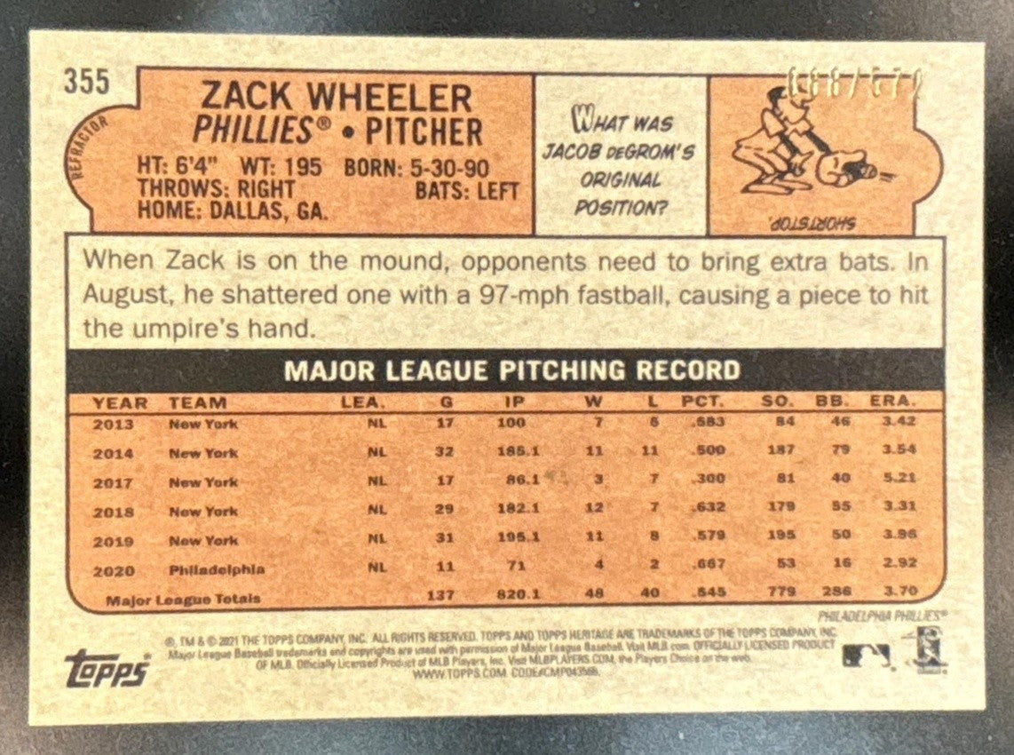 2021 Topps Heritage Zack Wheeler Chrome Refractor /572 #355 Phillies