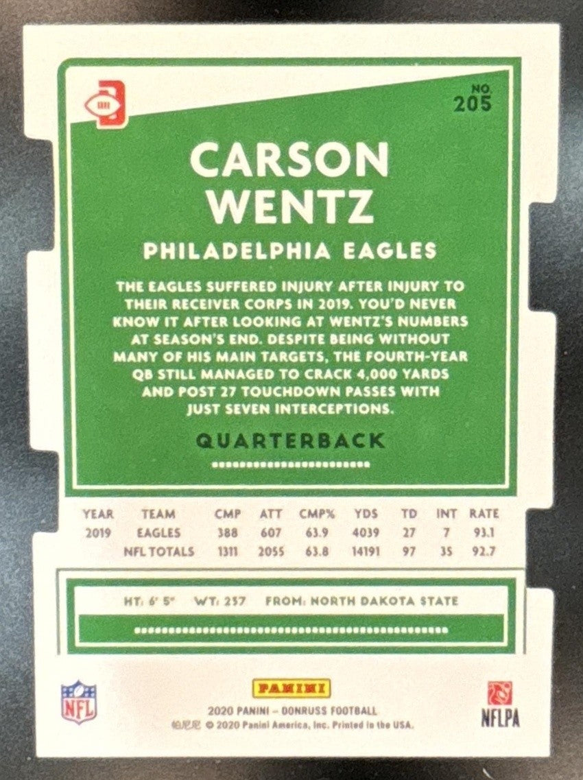 2020 Panini Donruss Carson Wentz Press Proof Die Cut Gold /75 #205b Eagles
