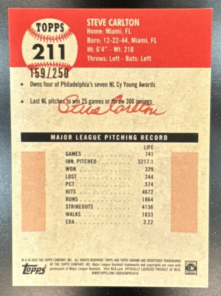 2022 Topps Chrome Platinum Anniversary Steve Carlton Yellow RayWave /250 #211