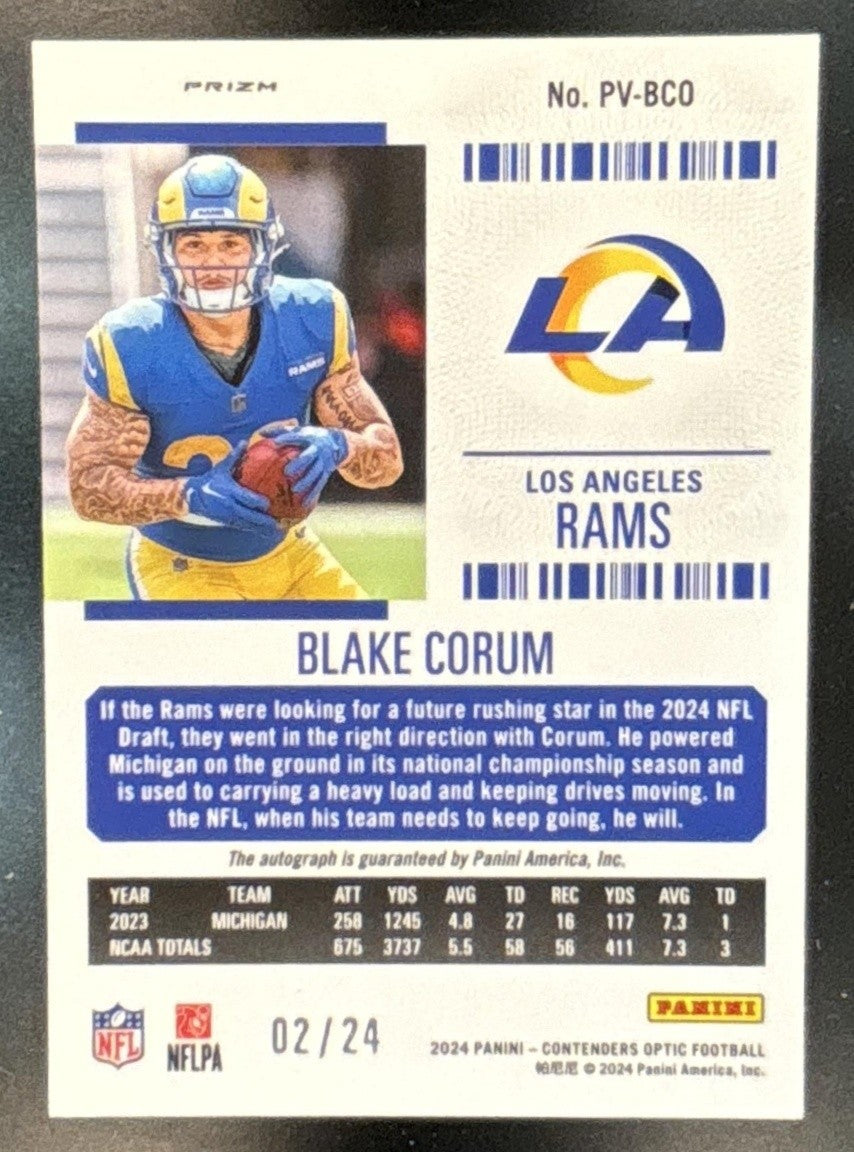 2024 Contenders Optic Blake Corum Variation RPS Preview Red /24 RC VAR Auto Rams
