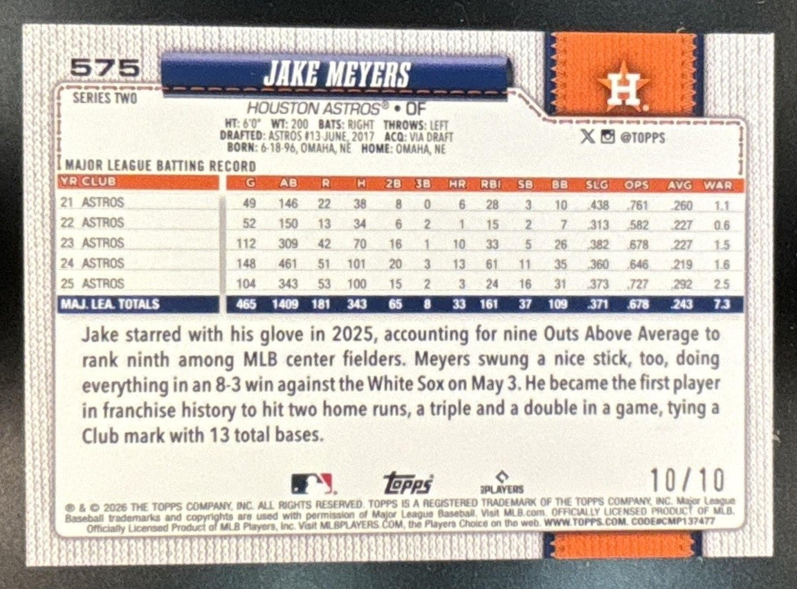 2026 Topps Series 2 Jake Meyers All-Star Game Black Foil 10/10 #575 Astros