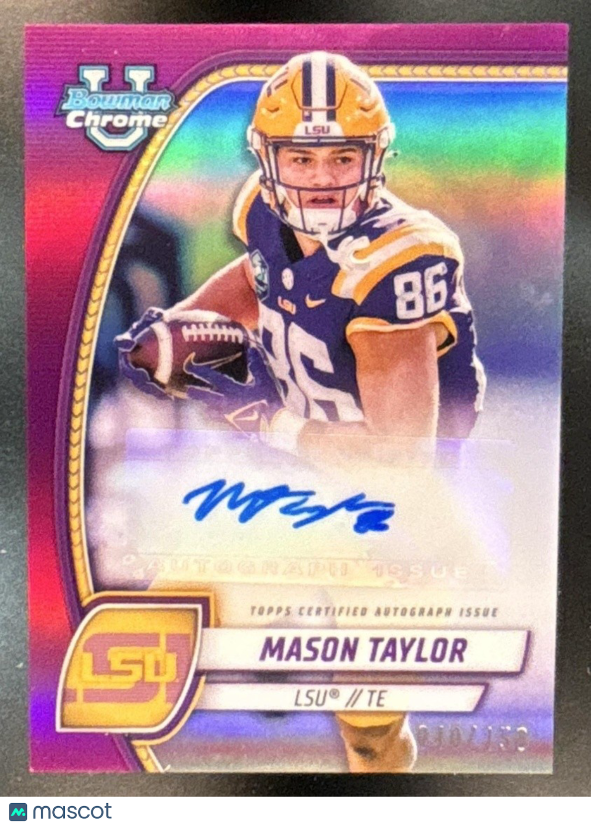 2024 Bowman Chrome University Mason Taylor Prospect Auto Fuchsia /150 LSU Tigers