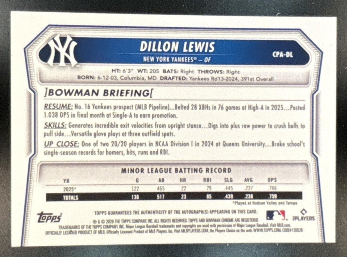 2026 Bowman Dillon Lewis Chrome Green Shimmer Auto /99 #BCP-148 1st Prospect