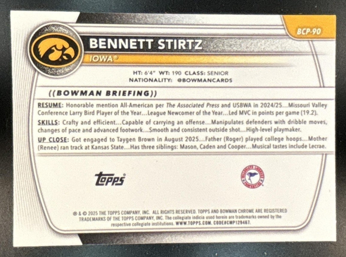 2025-26 Bowman Bennett Stirtz Chrome Steel Metal /100 #BCP-90 1st Prospect Iowa