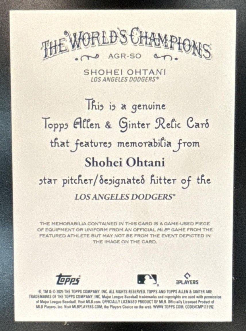 2025 Topps Allen & Ginter Shohei Ohtani Full-Size Relic Los Angeles Dodgers