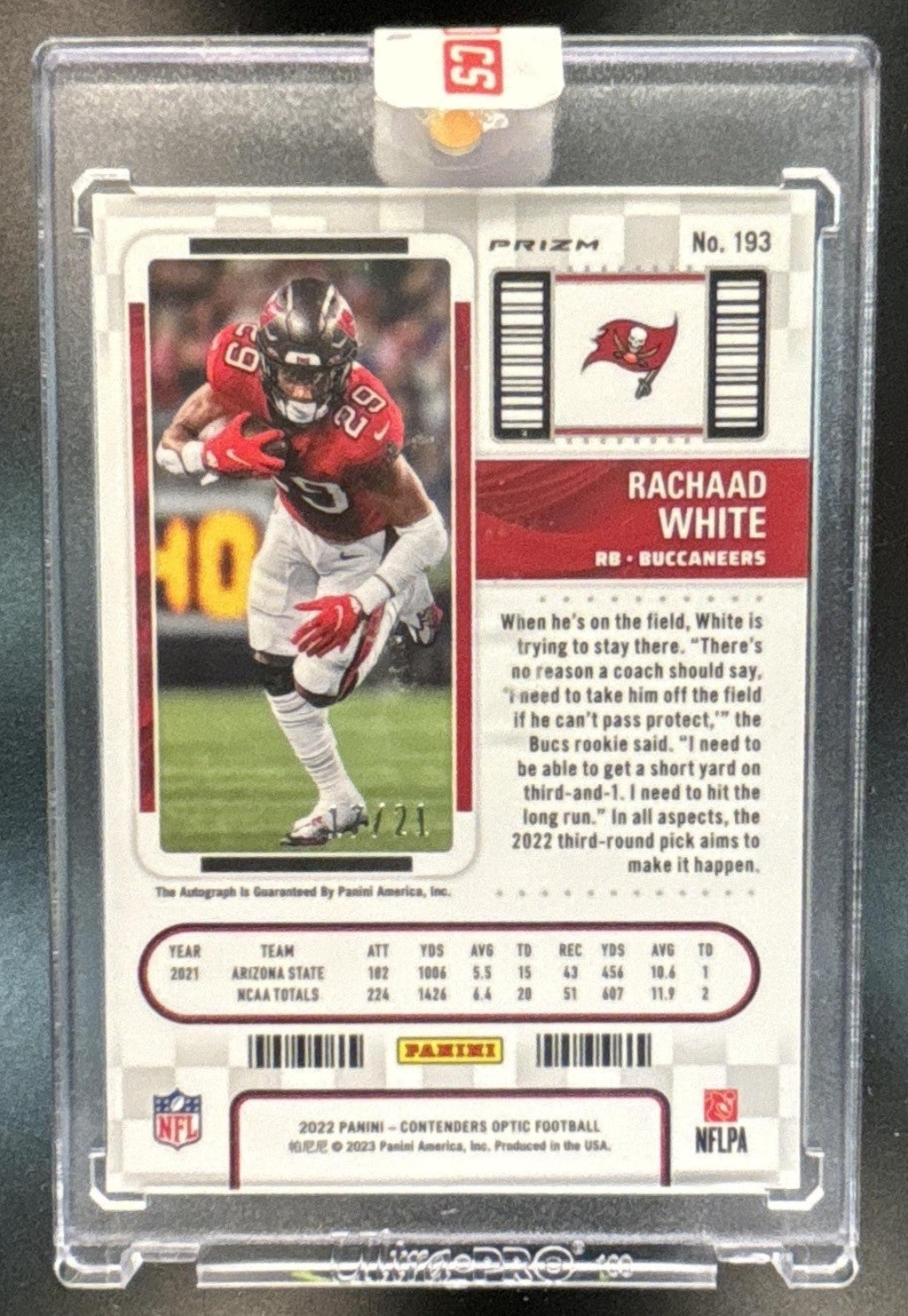 2023 Contenders Optic Rakim Jarrett Purple Pulsar /21 #195 Auto RC Buccaneers