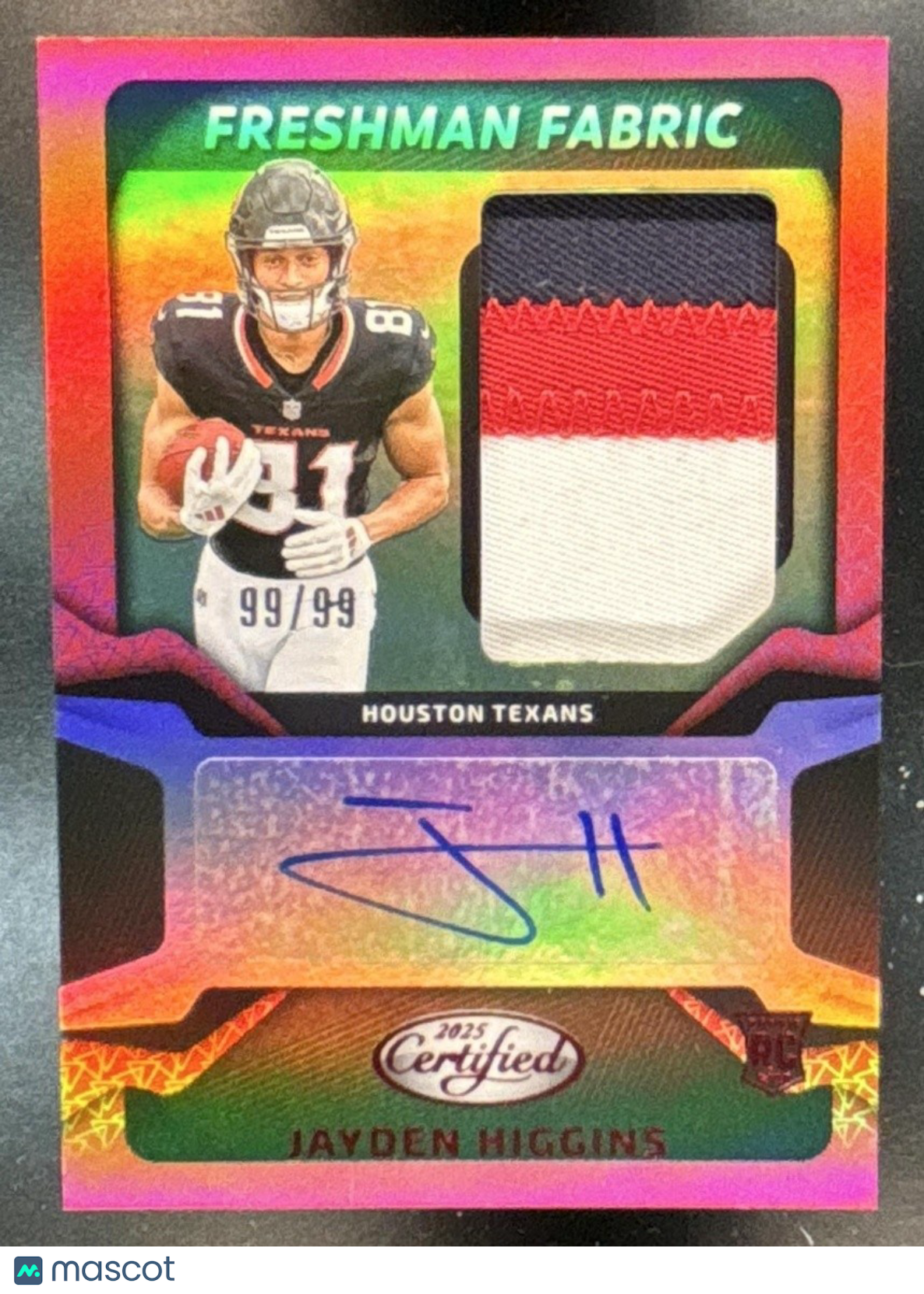 2025 Certified Jayden Higgins Freshman Fabric Signatures Red 99/99 MEM RC Auto