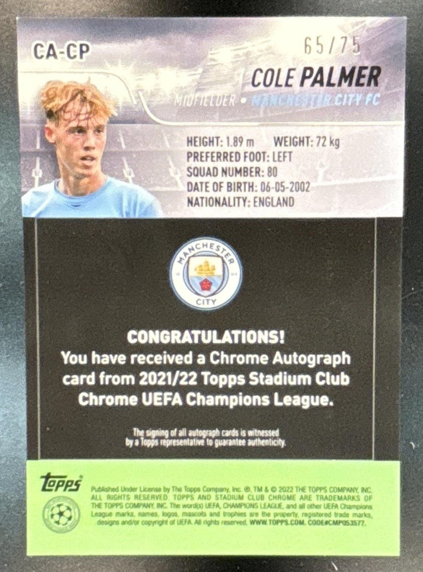 2021 Topps Stadium Club Chrome UEFA Champions League Cole Palmer Auto Blue /75
