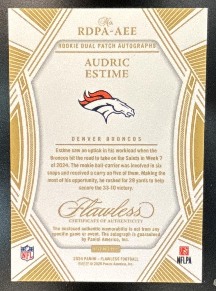2024 Panini Flawless Audric Estime Dual Patch Auto /25 #17 MEM RC Denver Broncos