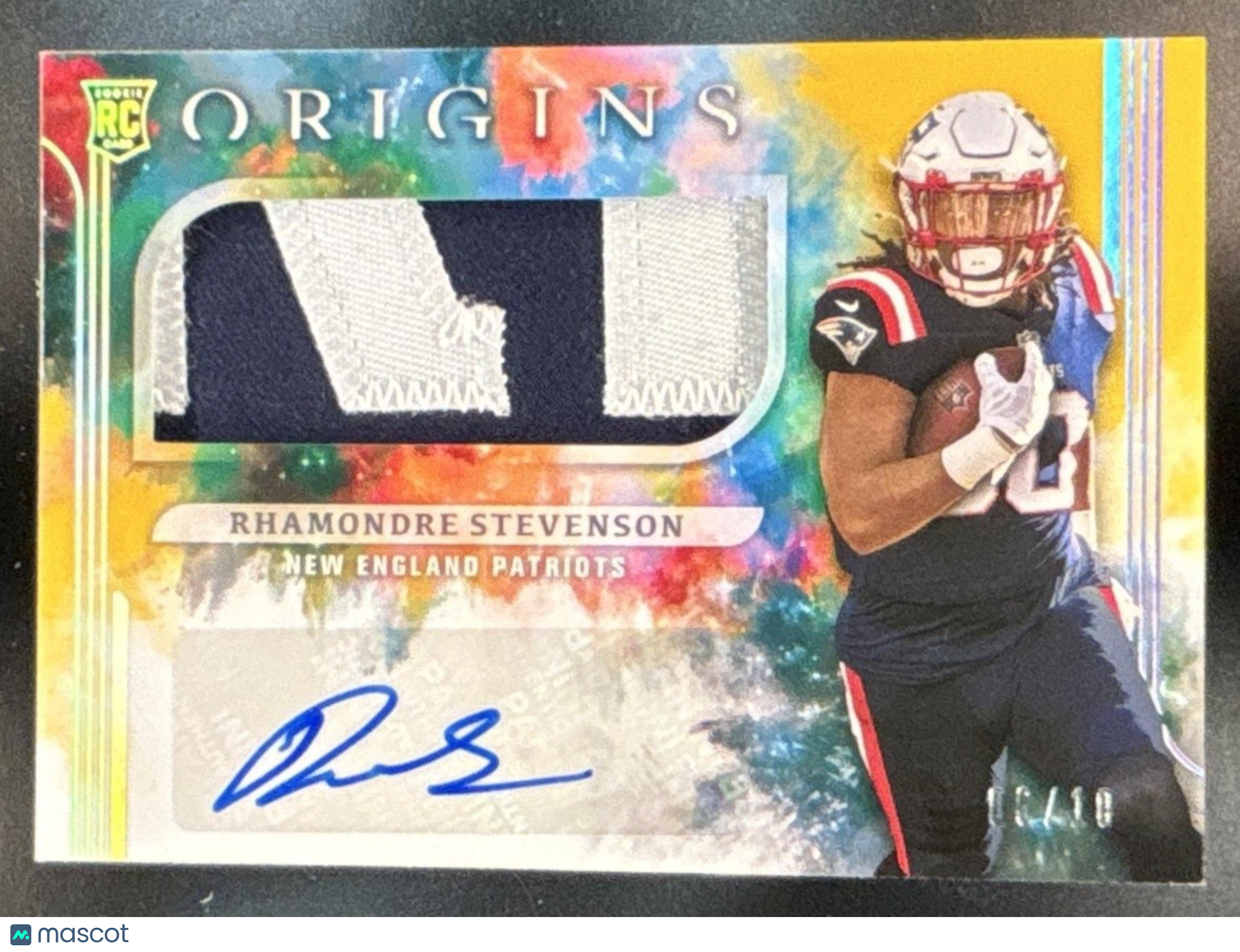2021 Panini Origins Rhamondre Stevenson Gold Patch Auto /10 #185 MEM RC Patriots