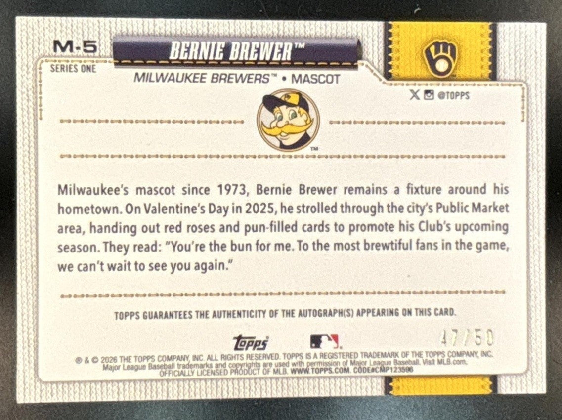 2026 Topps Series 1 Bernie Brewer Mascots Auto Gold /50 #M-5 Milwaukee Brewers