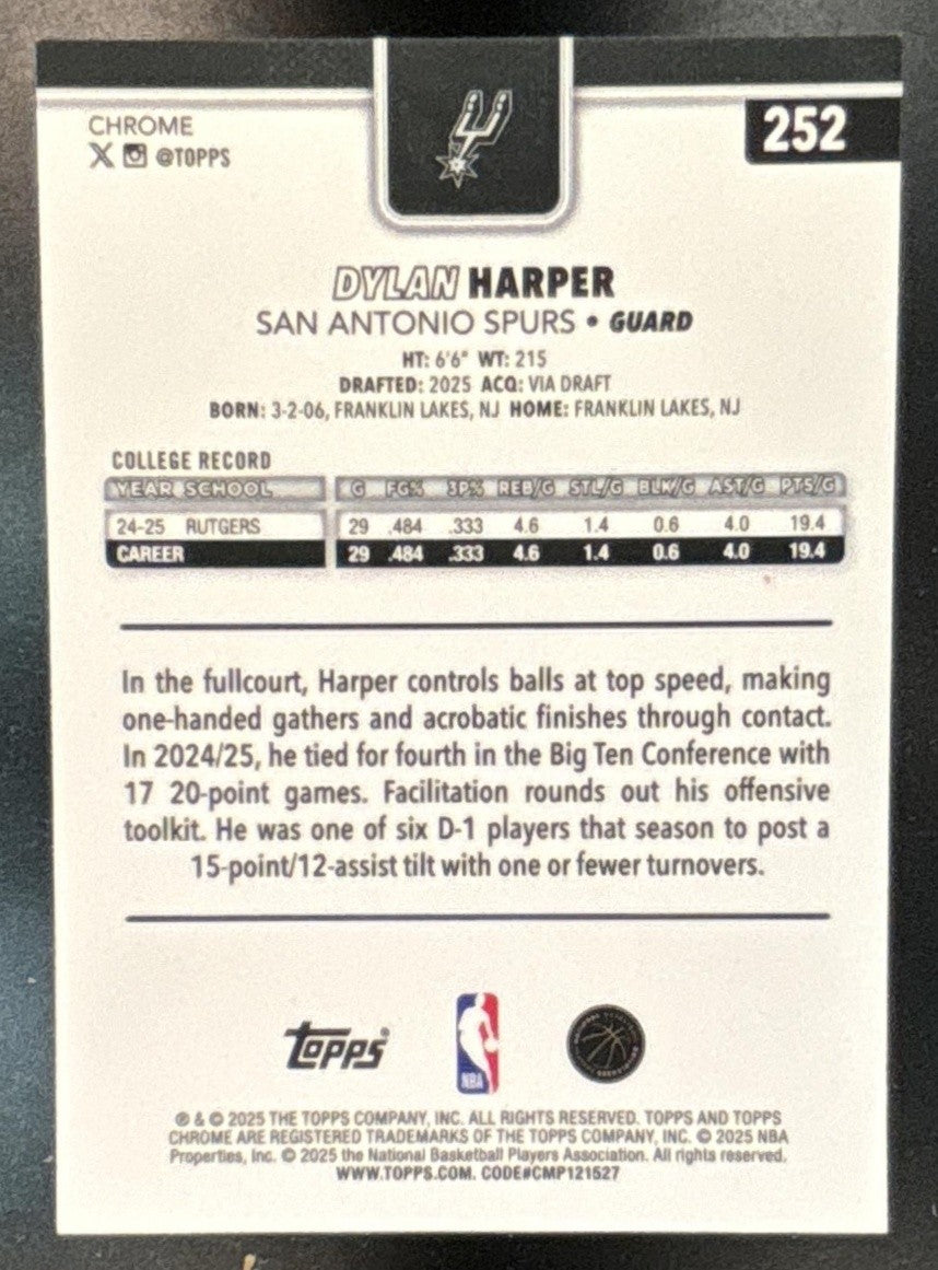 2025-26 Topps Chrome Dylan Harper Blue Refractor /150 #252 RC San Antonio Spurs