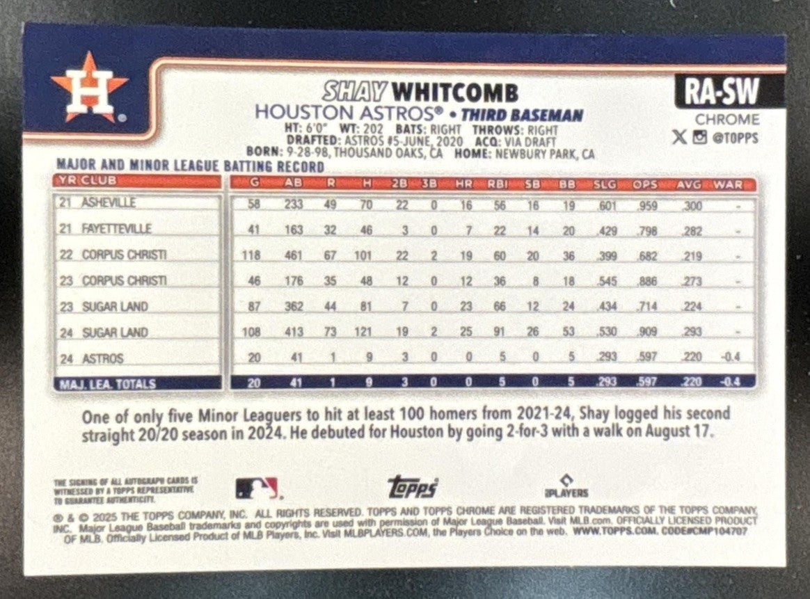 2025 Topps Chrome Shay Whitcomb Rookie Auto #RA-SW RC Houston Astros