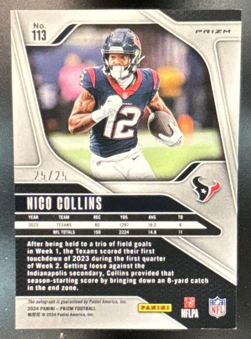 2024 Panini Prizm Nico Collins Auto Blue Shimmer 25/25 #113 Houston Texans