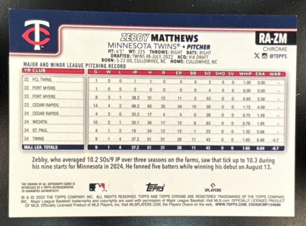 2025 Topps Chrome Zebby Matthews Rookie Auto #RA-ZM RC Minnesota Twins
