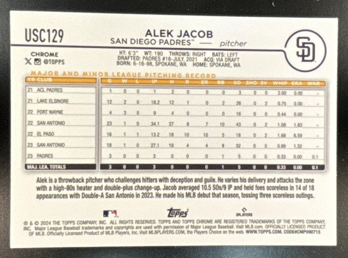2024 Topps Chrome Update Alek Jacob Green RayWave /99 #USC129 RC Padres
