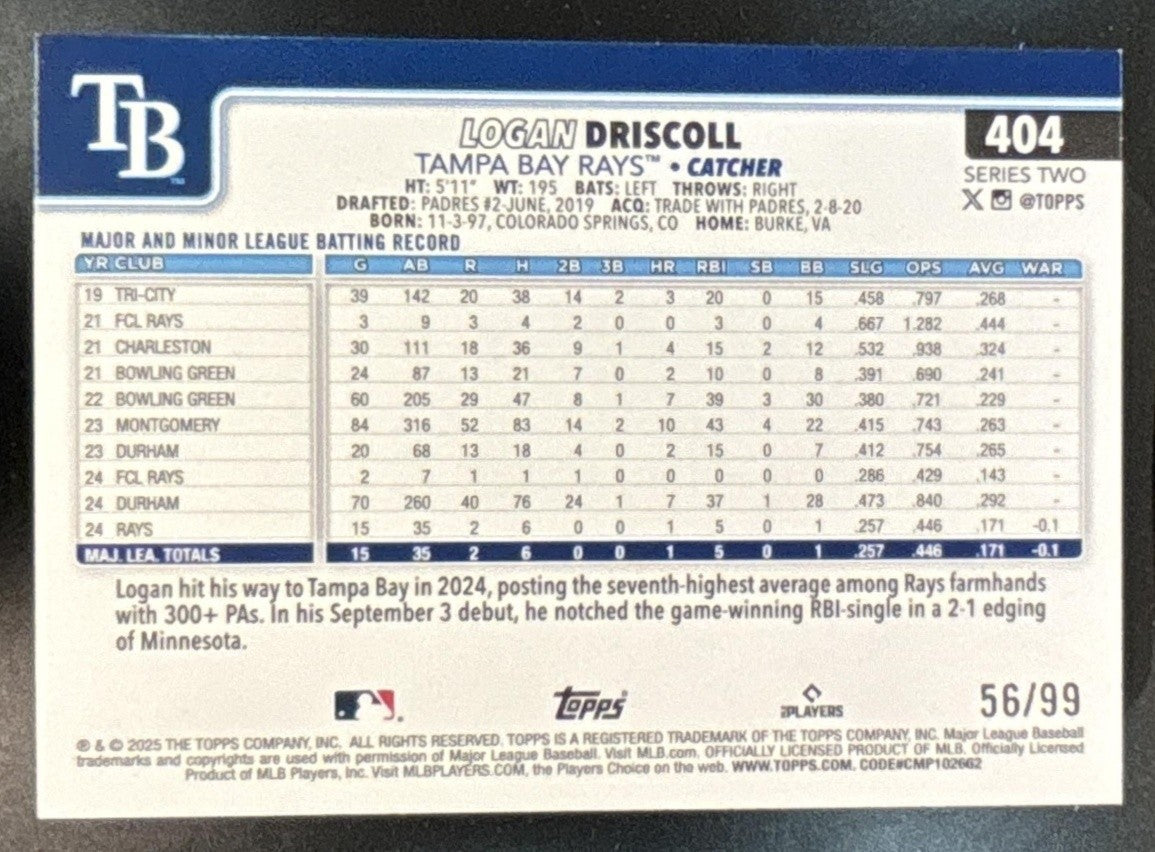 2025 Topps Logan Driscoll Green /99 #404 RC Tampa Bay Rays