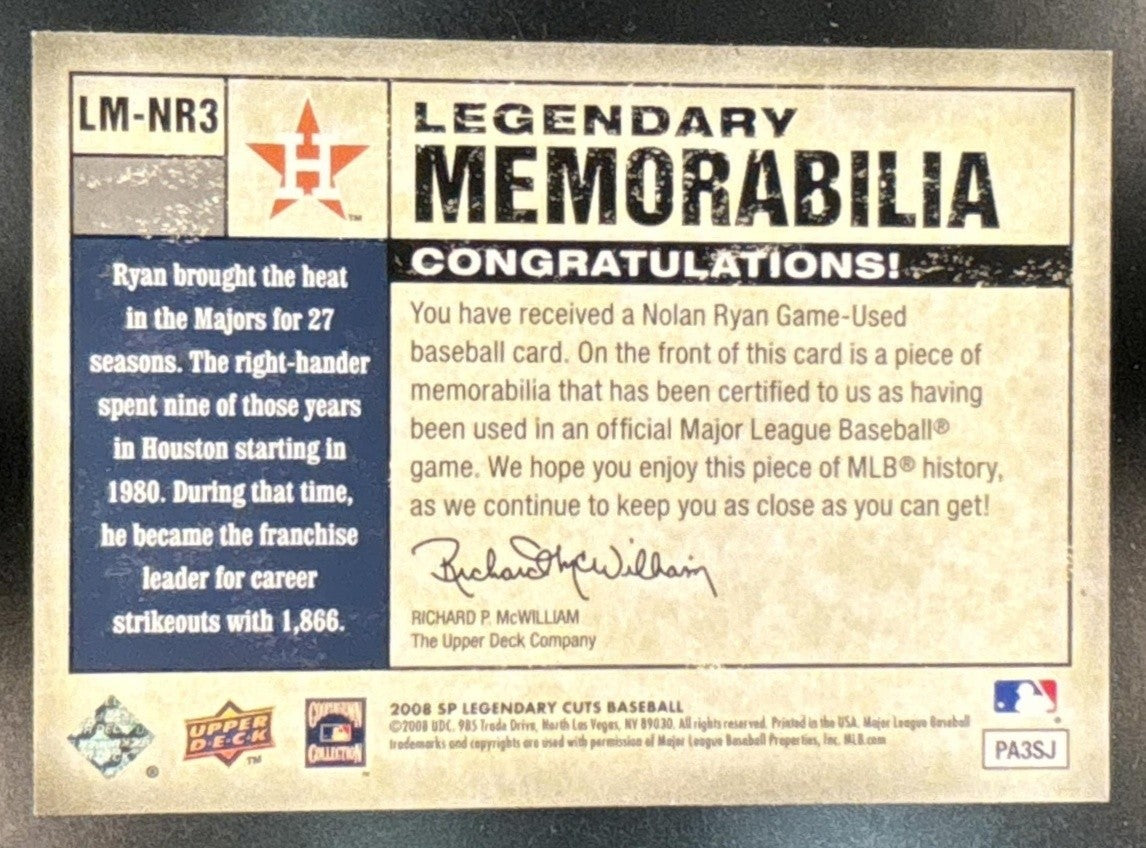 2008 SP Legendary Cuts Nolan Ryan Memorabilia Green /99 #LM-NR3 Houston Astros
