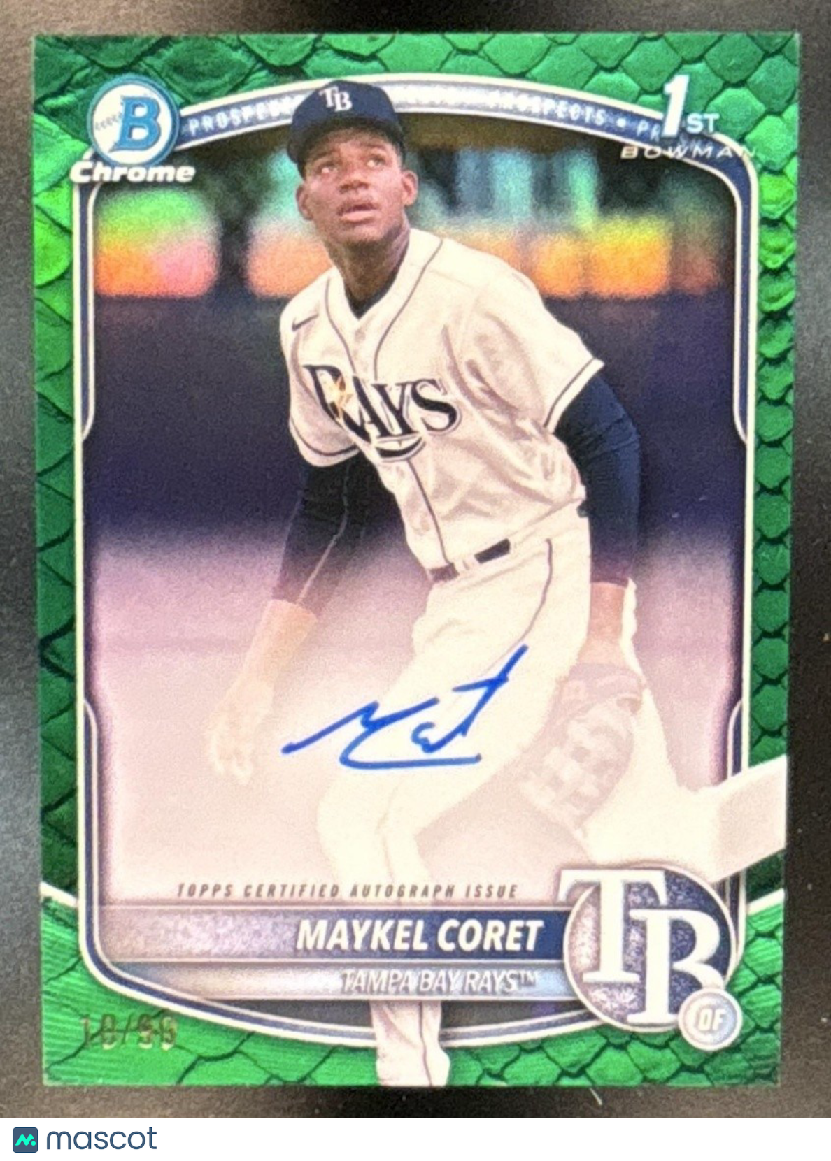 2025 Bowman Chrome Maykel Coret Auto Reptilian Green /99 1st Prospect Rays