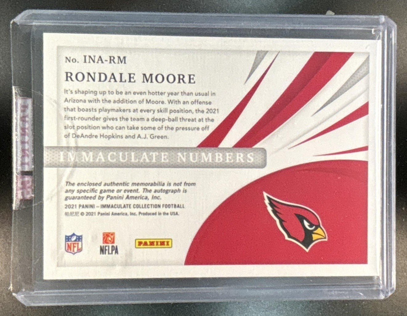 2021 Panini Immaculate Rondale Moore Numbers Patch Auto /85 MEM RC Cardinals
