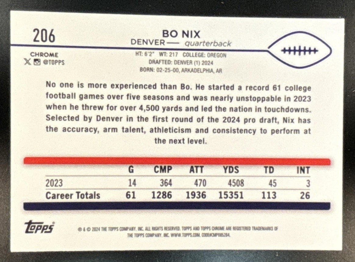 2024 Topps Chrome Bo Nix X-Fractor #206 RC Denver Broncos
