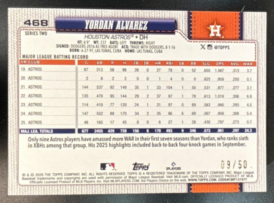 2026 Topps Series 2 Yordan Alvarez Gold Holo Foil /50 #468 Houston Astros