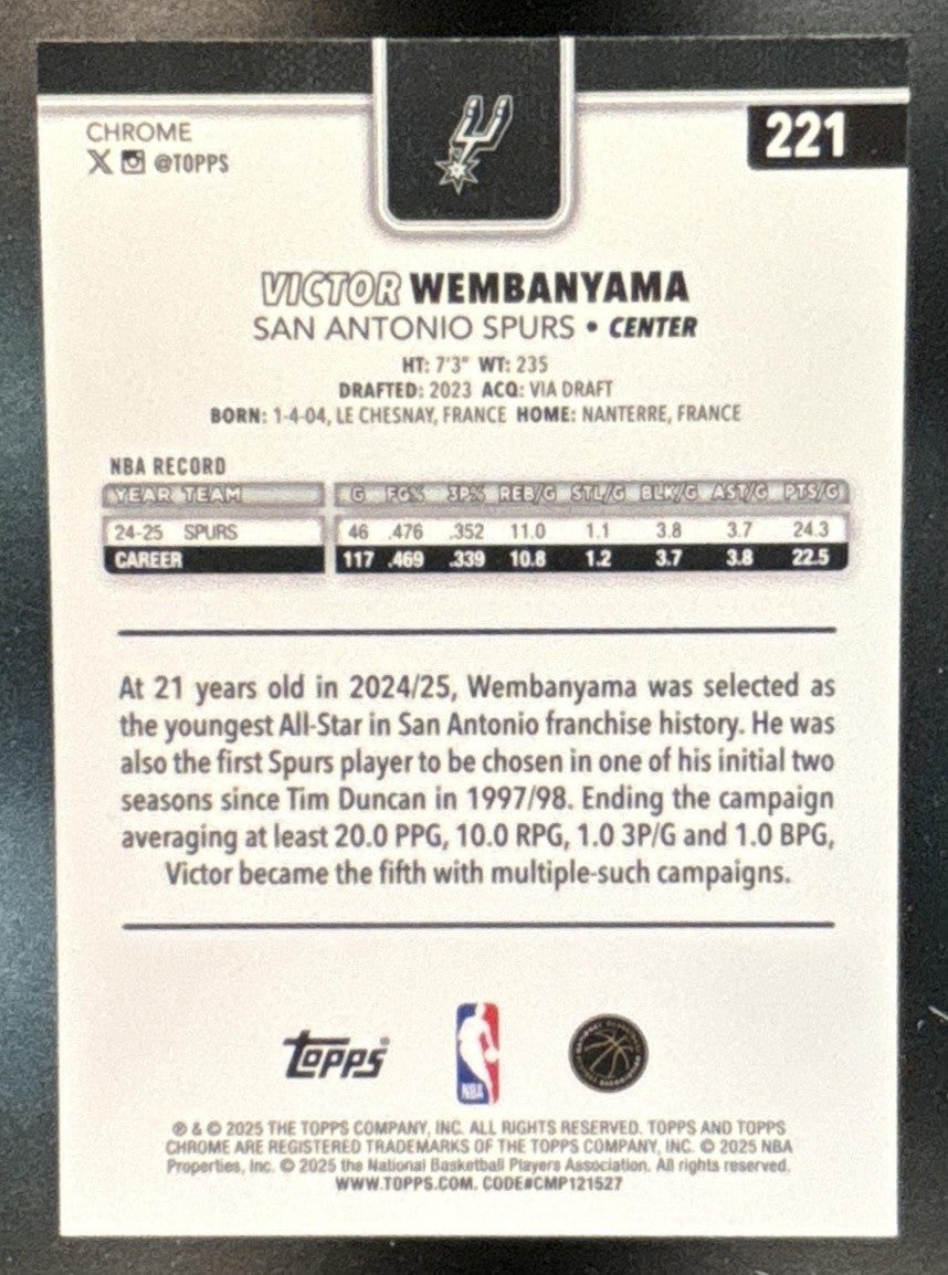 2025-26 Topps Chrome Victor Wembanyama X-Fractor #221 San Antonio Spurs