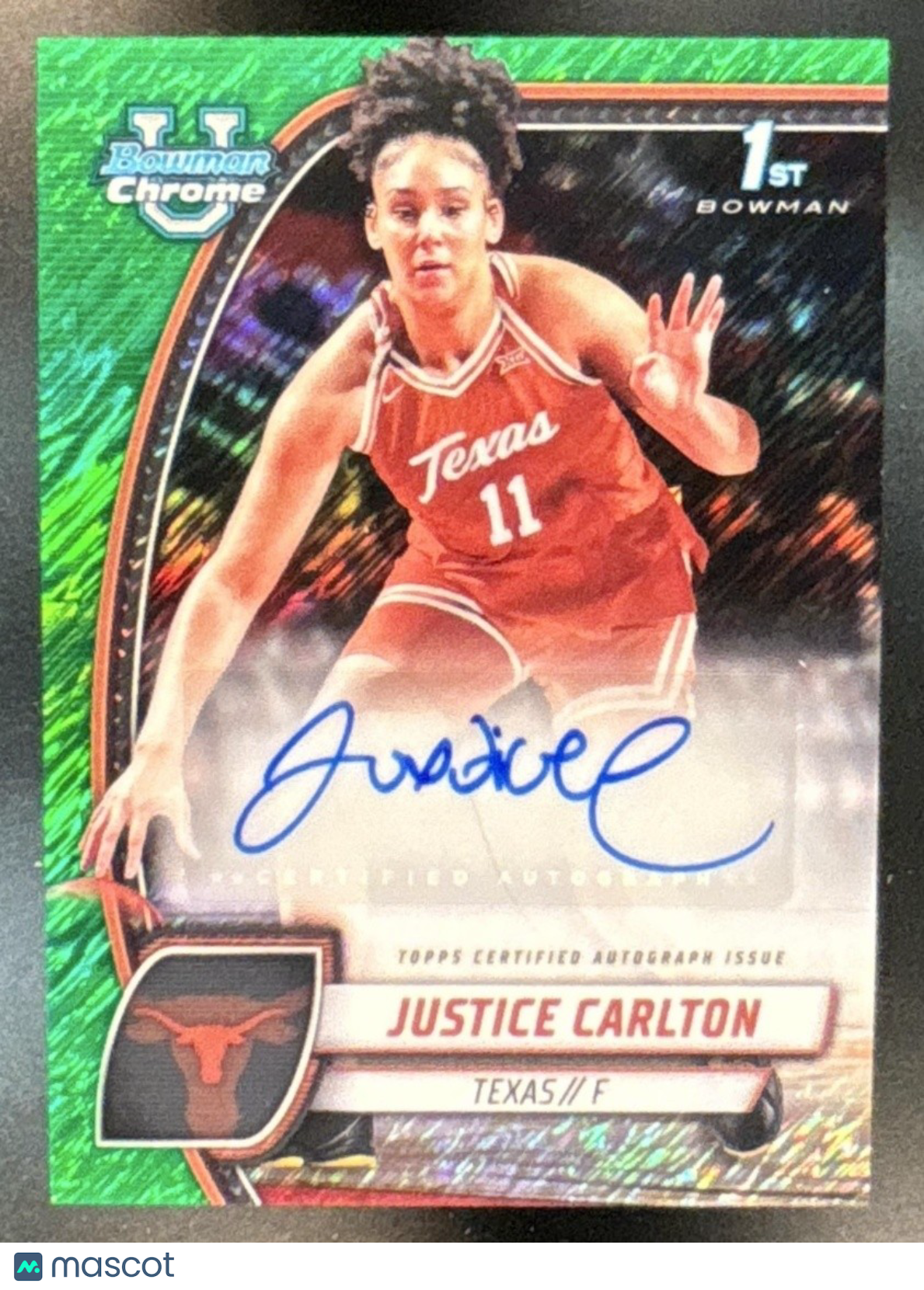 2024-25 Bowman Chrome University Justice Carlton Prospect Auto Green Shimmer #38