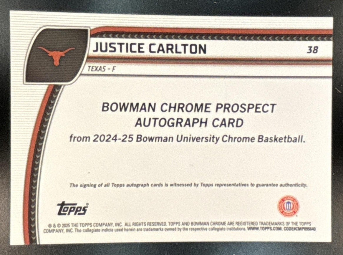 2024-25 Bowman Chrome University Justice Carlton Prospect Auto Green Shimmer #38