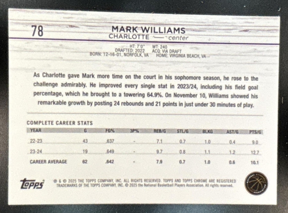 2024-25 Topps Chrome Mark Williams Prism Refractor #78 Charlotte Hornets