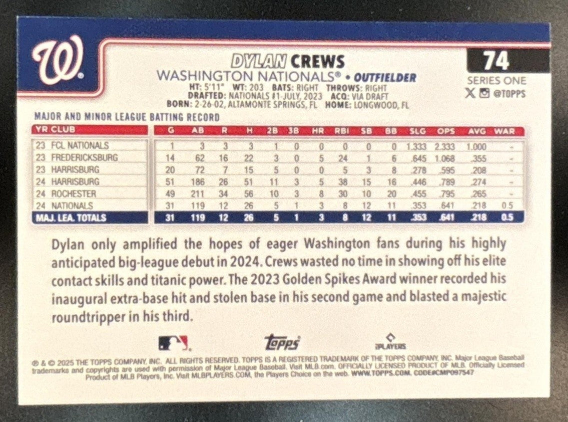 2025 Topps Dylan Crews Confetti #74 RC Washington Nationals