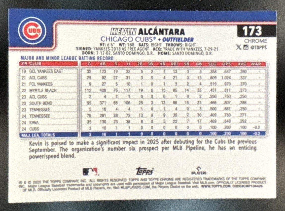 2025 Topps Chrome Kevin Alcantara RayWave Refractor #173 RC Chicago Cubs