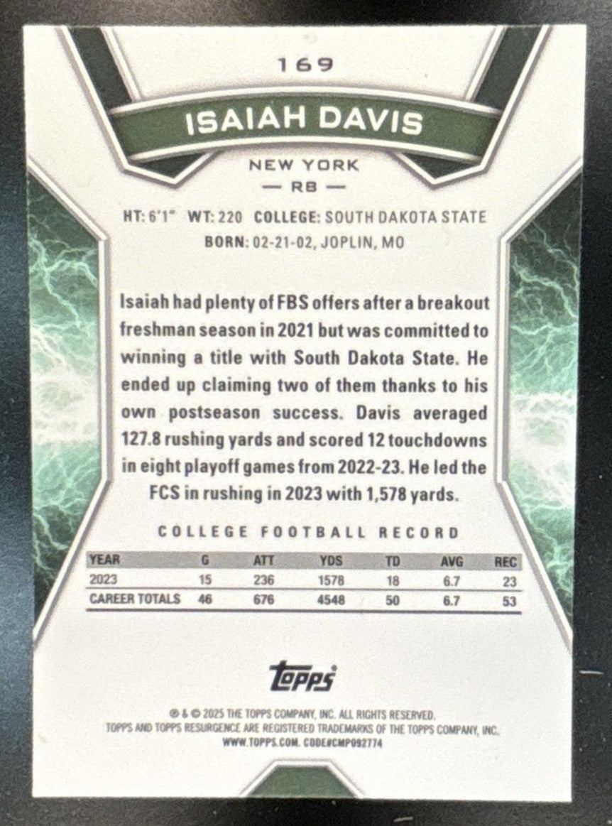 2024 Topps Resurgence Isaiah Davis Blue Surge /99 #169 RC New York Jets