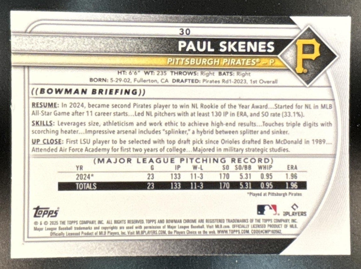 2025 Bowman Paul Skenes Mega Box Refractor #30 Pittsburgh Pirates