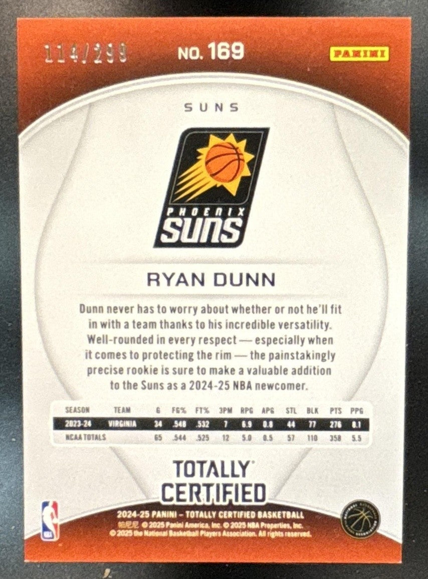 2024-25 Panini Totally Certified Ryan Dunn Orange /299 #169 RC Phoenix Suns