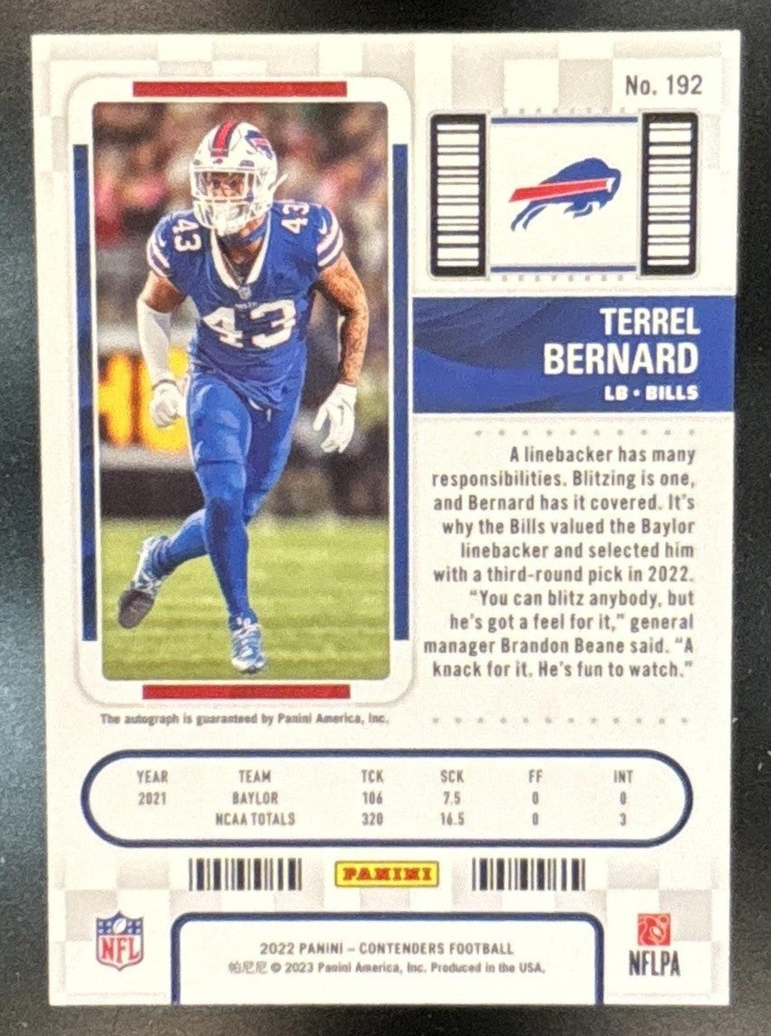 2022 Panini Contenders Terrel Bernard #192 RC Rookie Ticket Auto Buffalo Bills