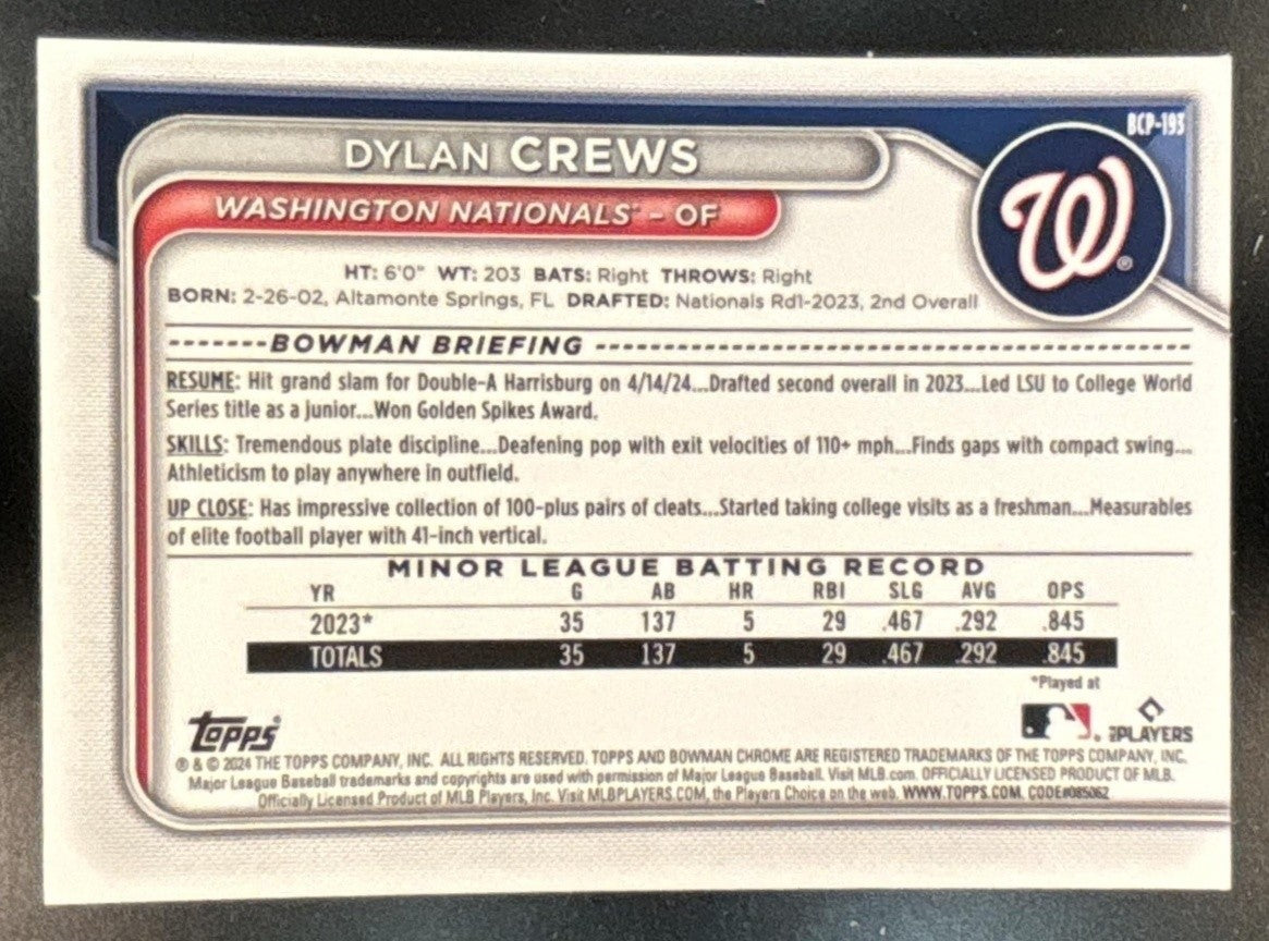 2024 Bowman Chrome Sapphire Dylan Crews Prospects #BCP-193 Washington Nationals