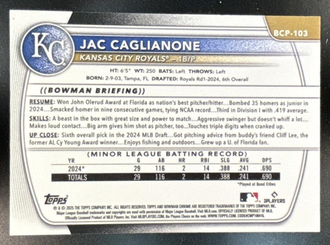 2025 Bowman Sapphire Jac Caglianone Chrome Prospects #BCP-103 Kansas City Royals