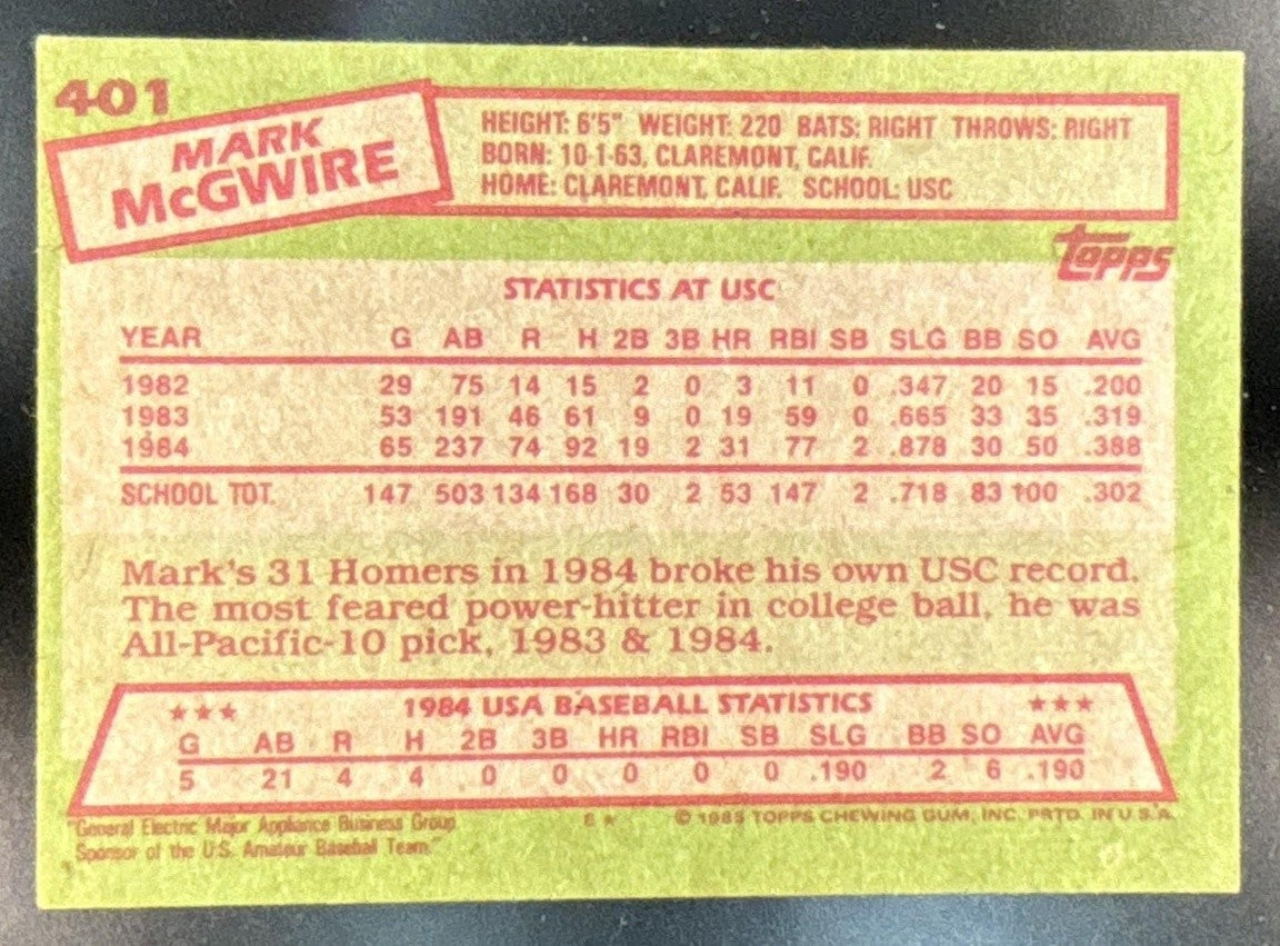 1985 Topps Mark McGwire - #401 RC