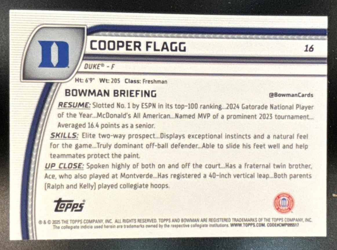 2024-25 Bowman Chrome University Cooper Flagg #16 Duke Blue Devils