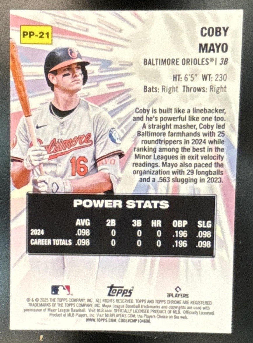 2025 Topps Chrome Coby Mayo Power Players #PP-21 Baltimore Orioles