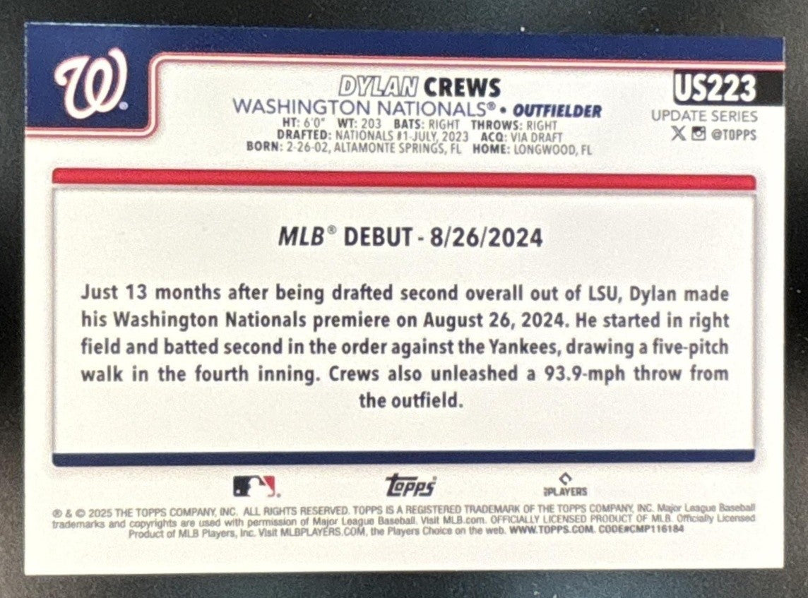 2025 Topps Update Dylan Crews Foil Pattern #US223 RC Debut Washington Nationals