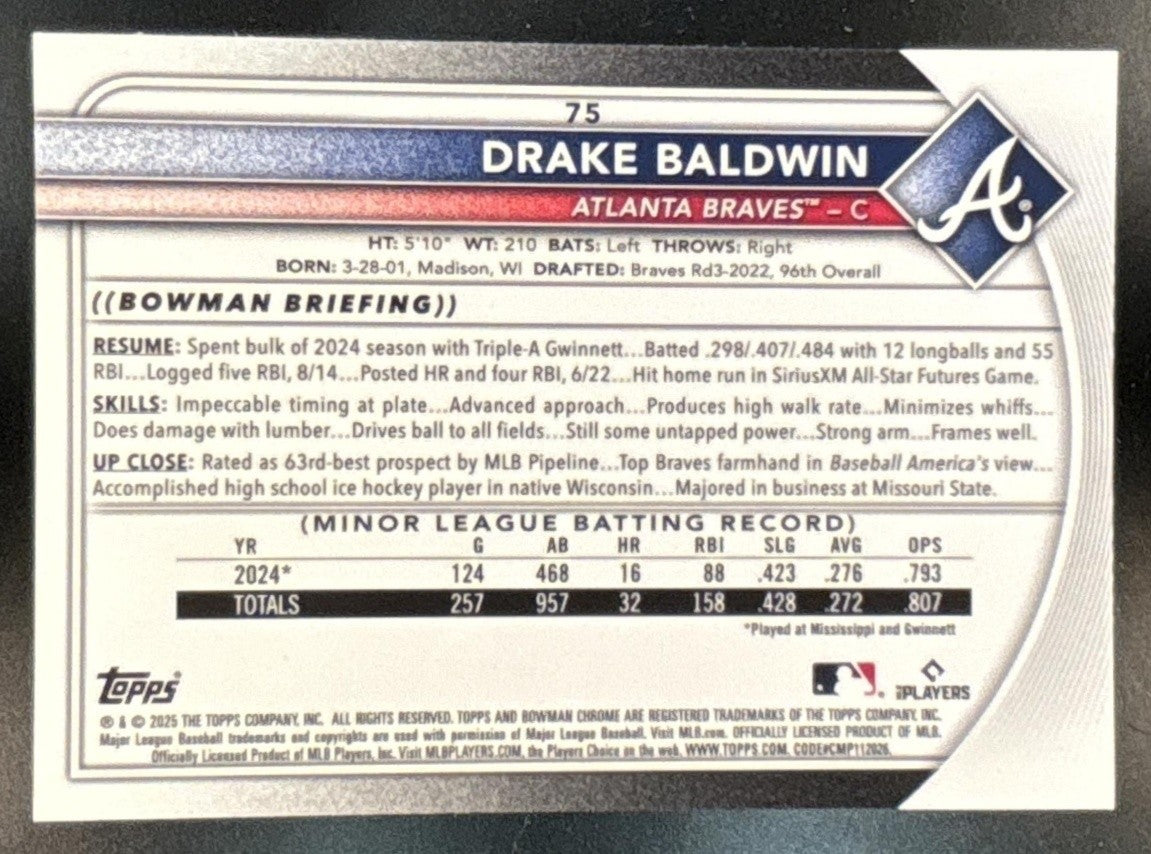 2025 Bowman Chrome Sapphire Drake Baldwin #75 RC Atlanta Braves