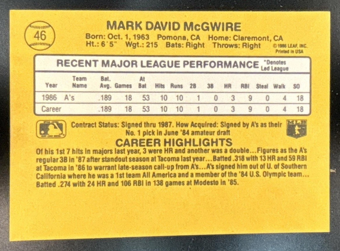 1987 Donruss Mark McGwire #46 RC Oakland Athletics