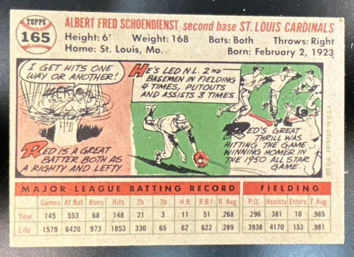 1956 Topps Red Schoendienst - #165a St. Louis Cardinals