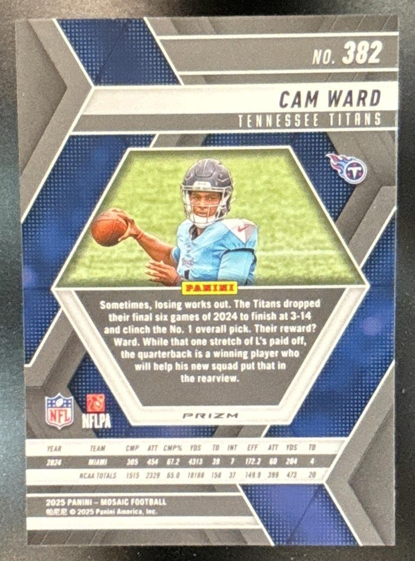 2025 Panini Mosaic Cam Ward Rookies Green Prizm #382 RC Tennessee Titans