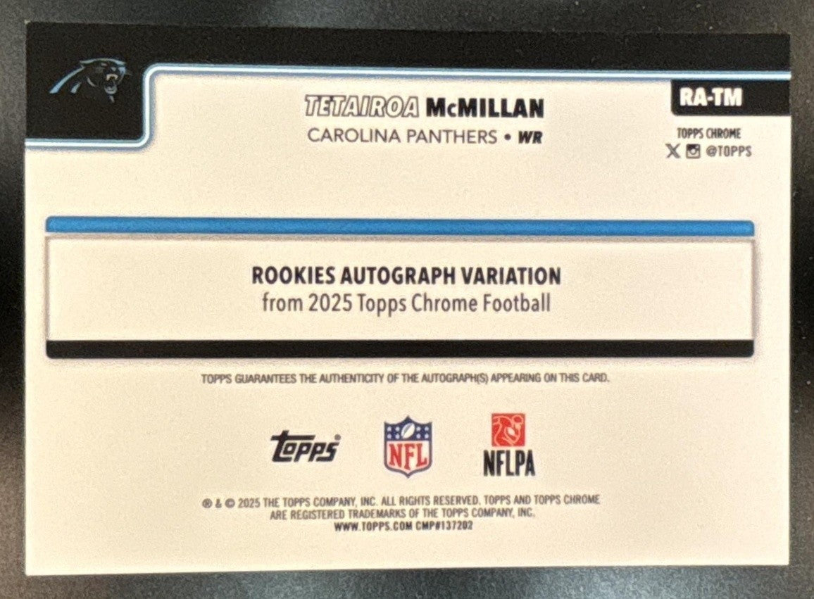 2025 Topps Chrome Tetairoa McMillan Auto Blue Refractor /150 RC Panthers