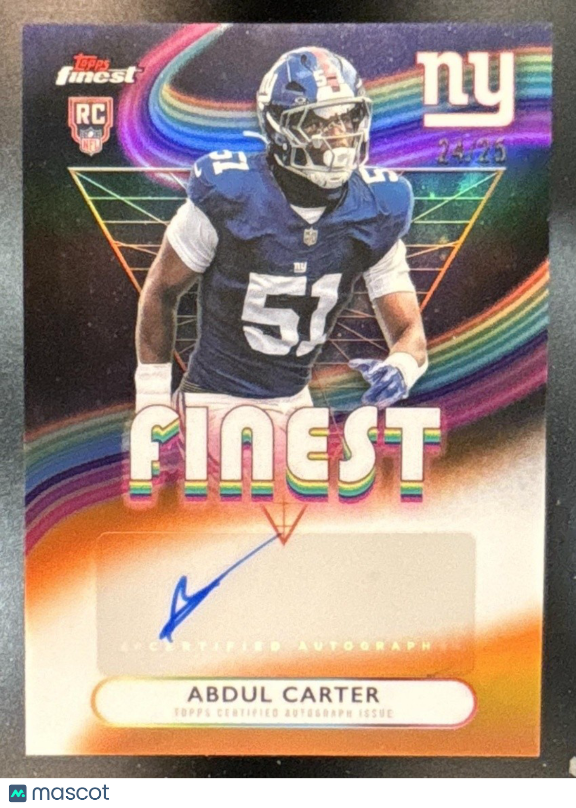 2025 Topps Finest Abdul Carter Auto Orange Refractor /25 RC New York Giants