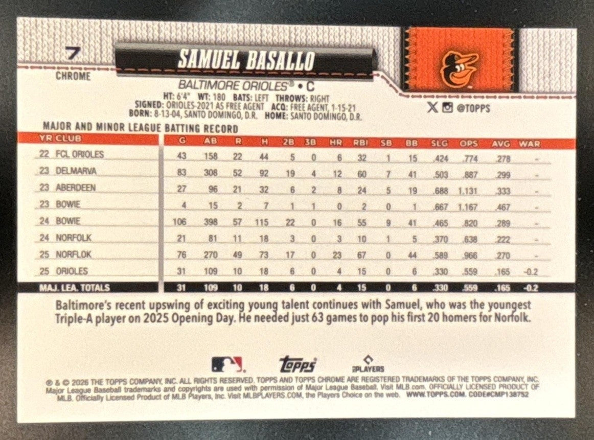2026 Topps Chrome Samuel Basallo Image Variation Green /99 #7 RC Orioles