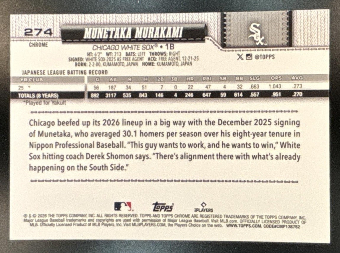 2026 Topps Chrome Munetaka Murakami Image Variation #274 RC Chicago White Sox